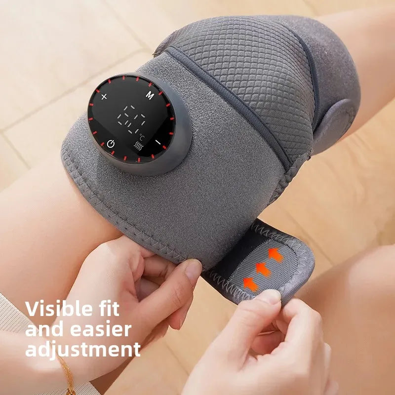 Adjustable heating knee massager with digital display, visible fit design, and strap adjustment for customized comfort and pain relief