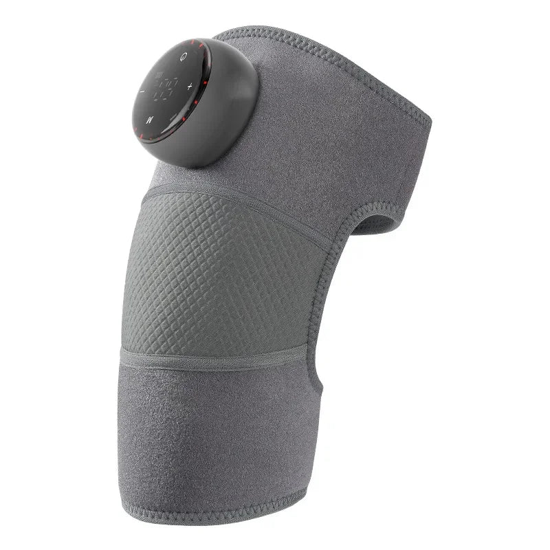 Adjustable grey heating knee massager with digital control panel, ergonomic design, and compression fabric for joint pain relief and improved circulation