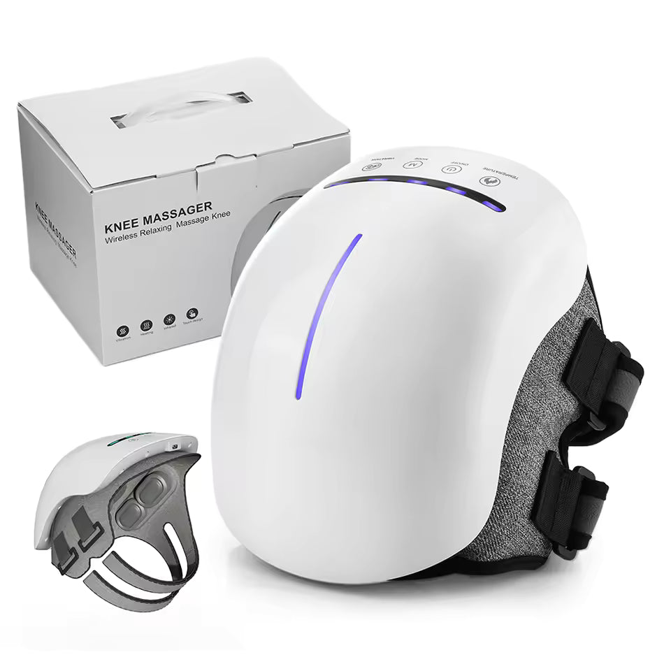 Wireless knee massager with LED display, heating and vibration therapy, adjustable straps, and packaging box for pain relief and joint relaxation