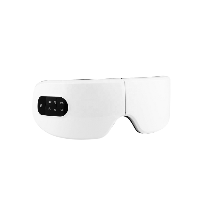 White electric eye massager with digital control panel, featuring heat, vibration, and air pressure therapy for relaxation and eye strain relief