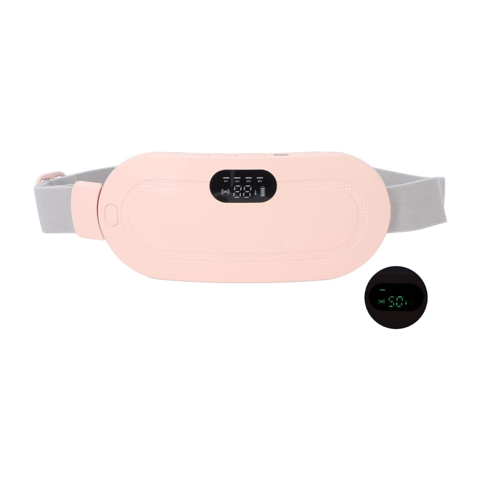 Pink vibrating waist relaxation belt with adjustable straps and digital display for heat and vibration therapy, designed for back and core pain relief