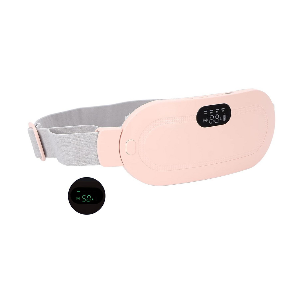 Pink vibrating waist relaxation belt with adjustable grey strap and LED digital display, designed for heat and vibration therapy to relieve back and core pain