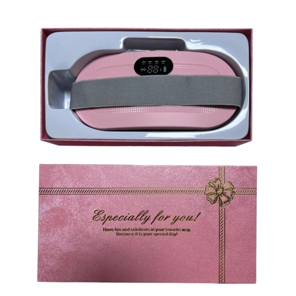 Pink vibrating waist relaxation belt with digital display, shown in gift packaging box with grey adjustable strap and ‘Especially for you’ printed cover