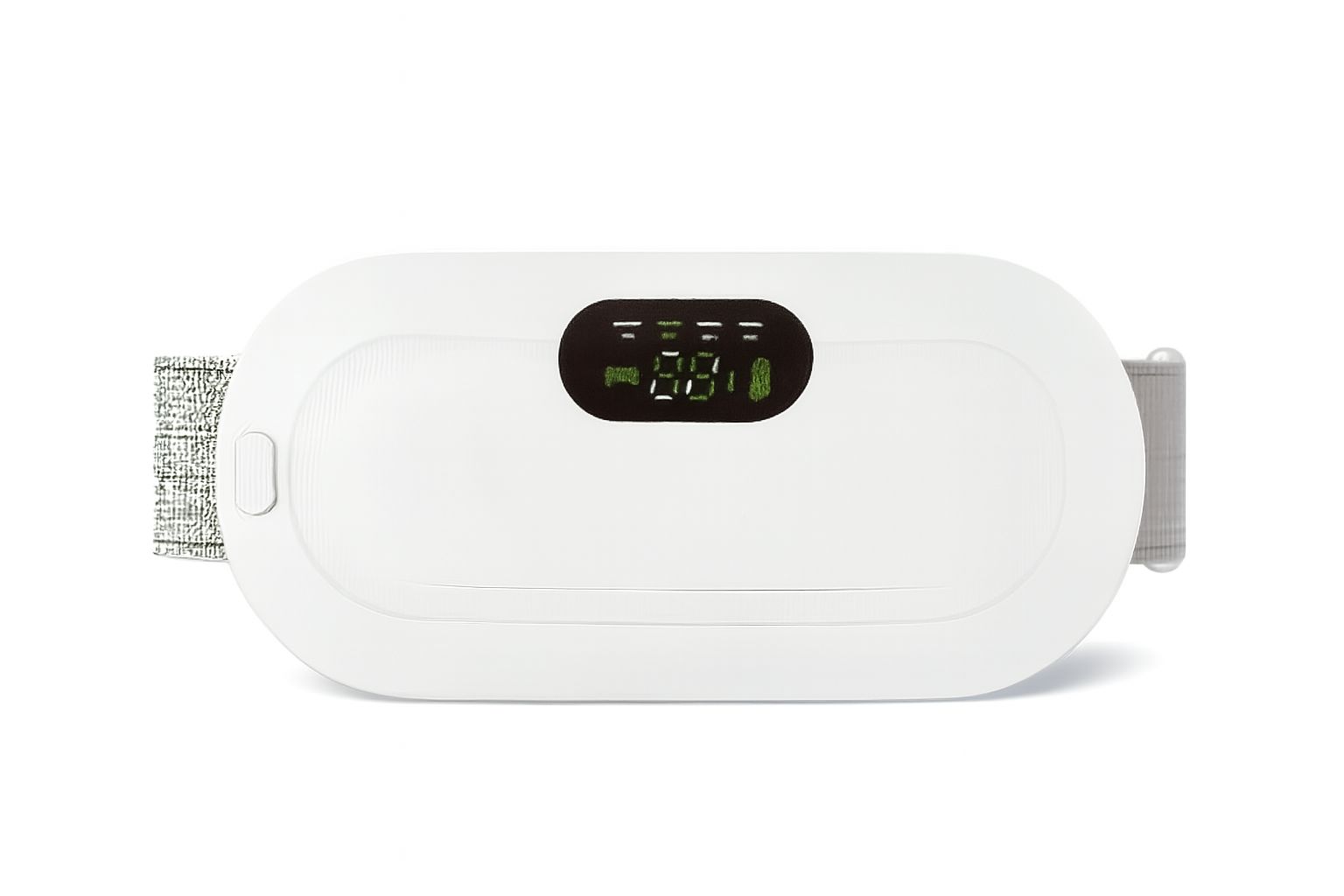 White vibrating waist relaxation belt with adjustable strap and digital display, providing heat and vibration therapy for lower back and core pain relief