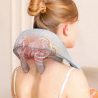 Woman using electric shoulder and neck massager with visible internal roller mechanism illustration, designed for deep tissue massage and muscle relaxation