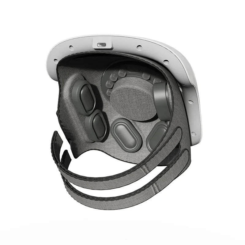 Inside view of smart head massager helmet showing multiple massage nodes and cushioned pads with adjustable straps for scalp relaxation and stress relief