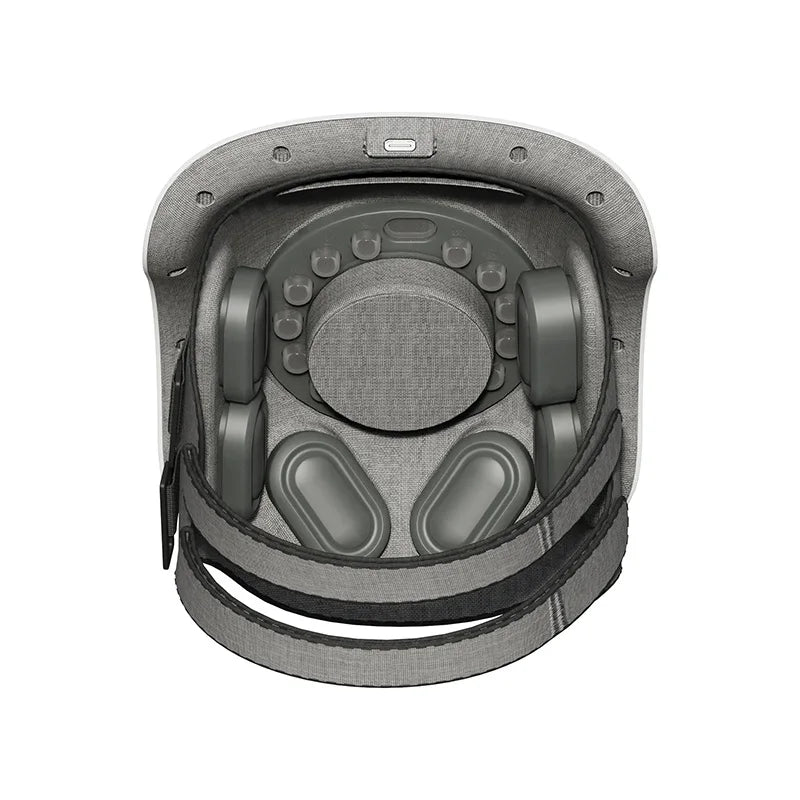 Interior view of smart head massager helmet with multiple massage nodes and cushioned pads for scalp relaxation, stress relief, and improved blood circulation