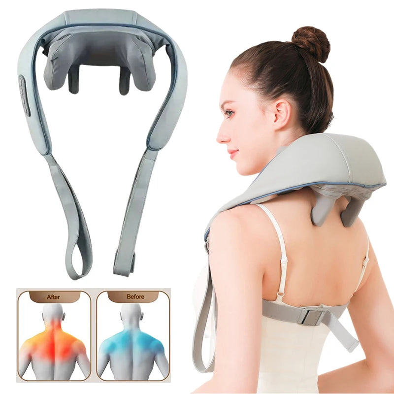 Electric shoulder and neck massager with adjustable straps, shown on woman’s back, featuring before-and-after muscle relief illustration for pain reduction and relaxation