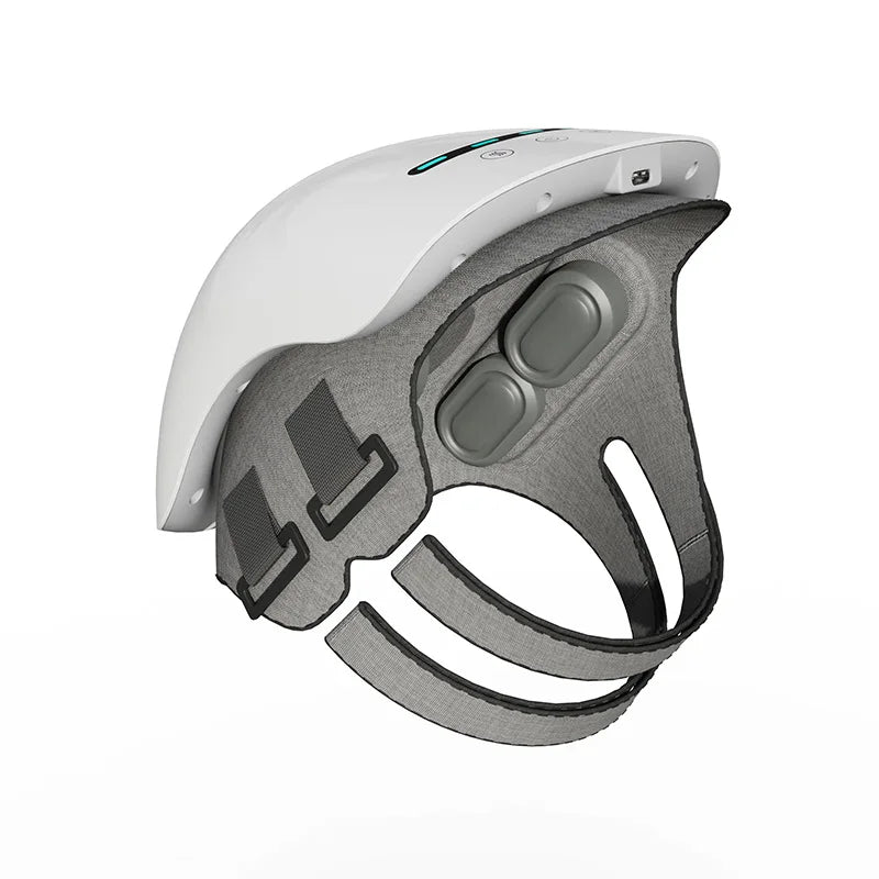 Side view of smart head massager helmet with adjustable straps and cushioned pads, designed for scalp massage, relaxation, and stress relief