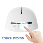Smart head massager helmet with touch control design, featuring heating, vibration, and multiple massage modes for stress relief and scalp relaxation