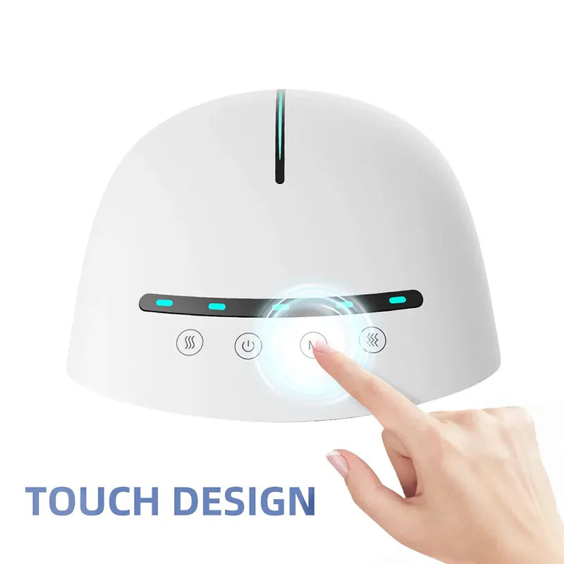 Smart head massager helmet with touch control design, featuring heating, vibration, and multiple massage modes for stress relief and scalp relaxation