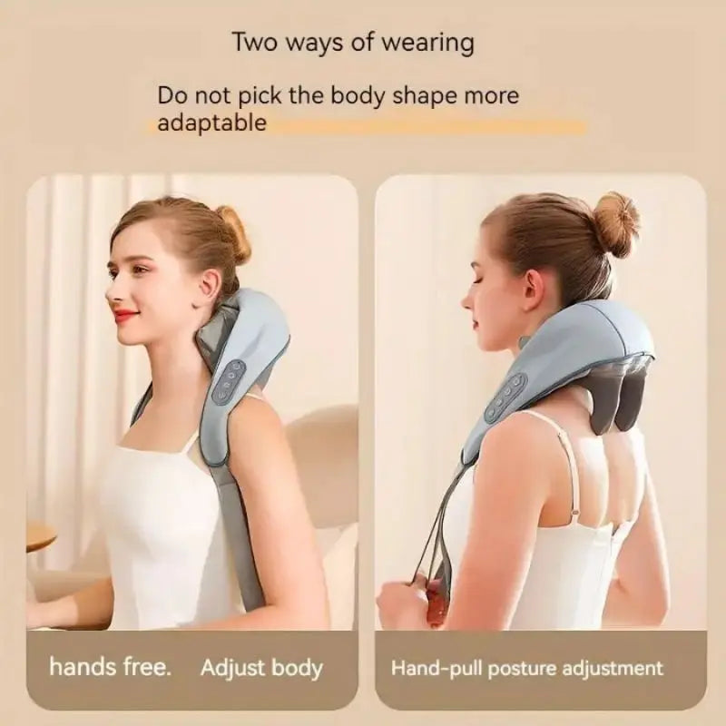 Electric shoulder and neck massager showing two ways of wearing, hands-free mode and hand-pull posture adjustment, adaptable design for different body shapes