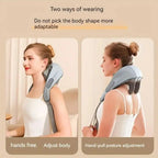 Electric shoulder and neck massager showing two ways of wearing, hands-free mode and hand-pull posture adjustment, adaptable design for different body shapes