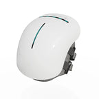 White smart head massager helmet with adjustable straps and control buttons, designed for scalp relaxation, stress relief, and improved blood circulation