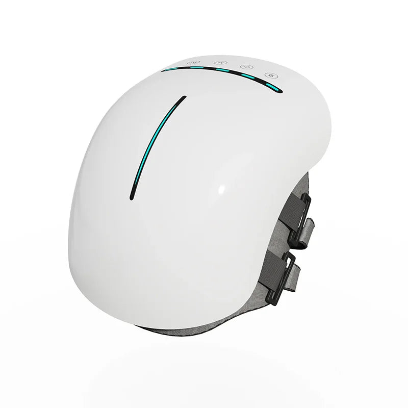 White smart head massager helmet with adjustable straps and control buttons, designed for scalp relaxation, stress relief, and improved blood circulation