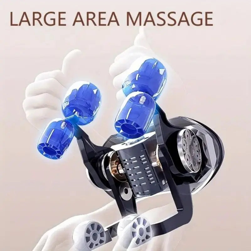 Internal roller mechanism of electric shoulder and neck massager, showing large area massage with 3D rotating nodes for deep tissue relief