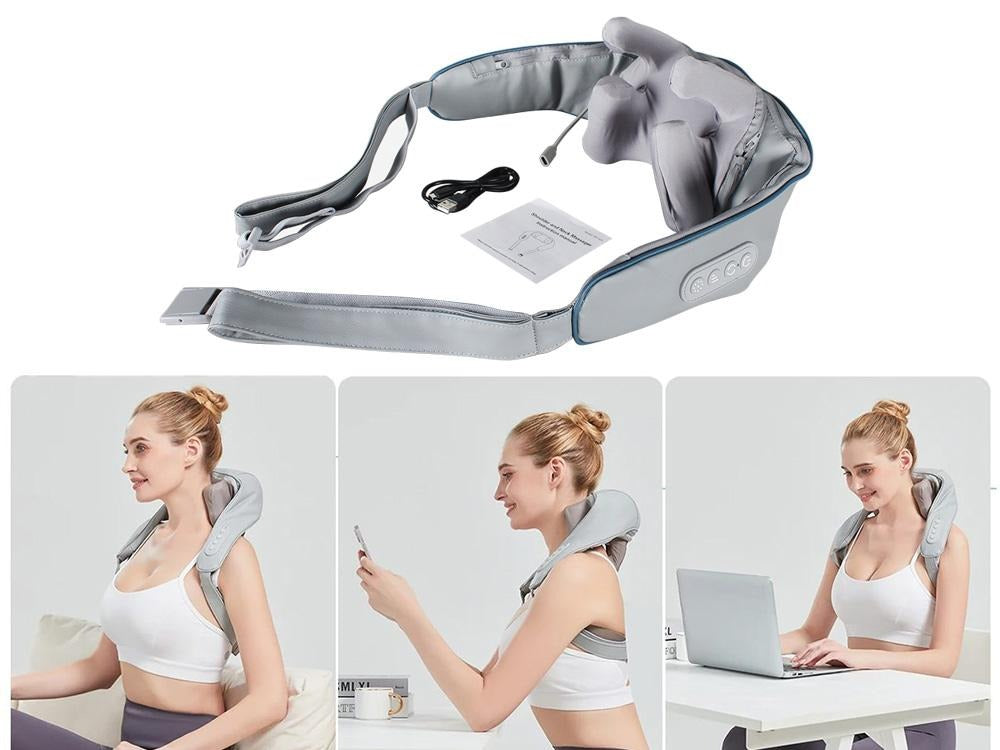 Electric shoulder and neck massager with control panel, USB charging cable, and user manual, shown in multiple lifestyle uses including relaxing, working on laptop, and using phone