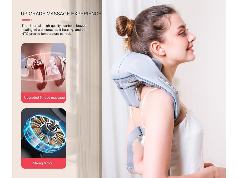 Woman using upgraded electric shoulder and neck massager with 6-head massage system, strong motor, and heat therapy for deep muscle relaxation