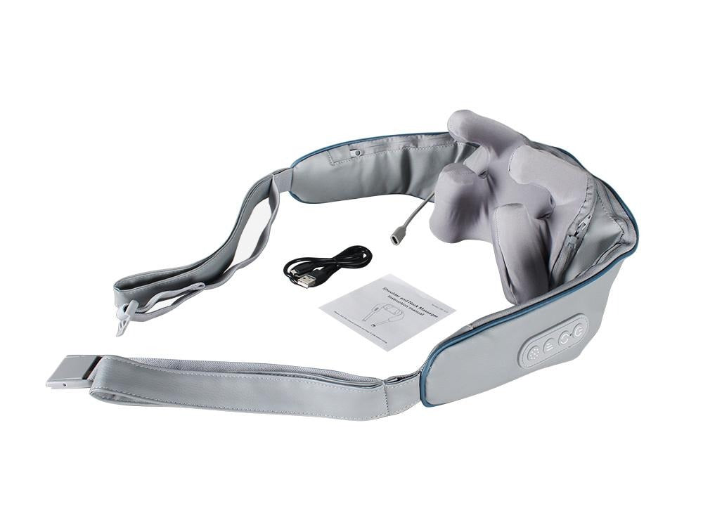 Electric shoulder and neck massager with adjustable straps, control buttons, USB charging cable, and user manual included