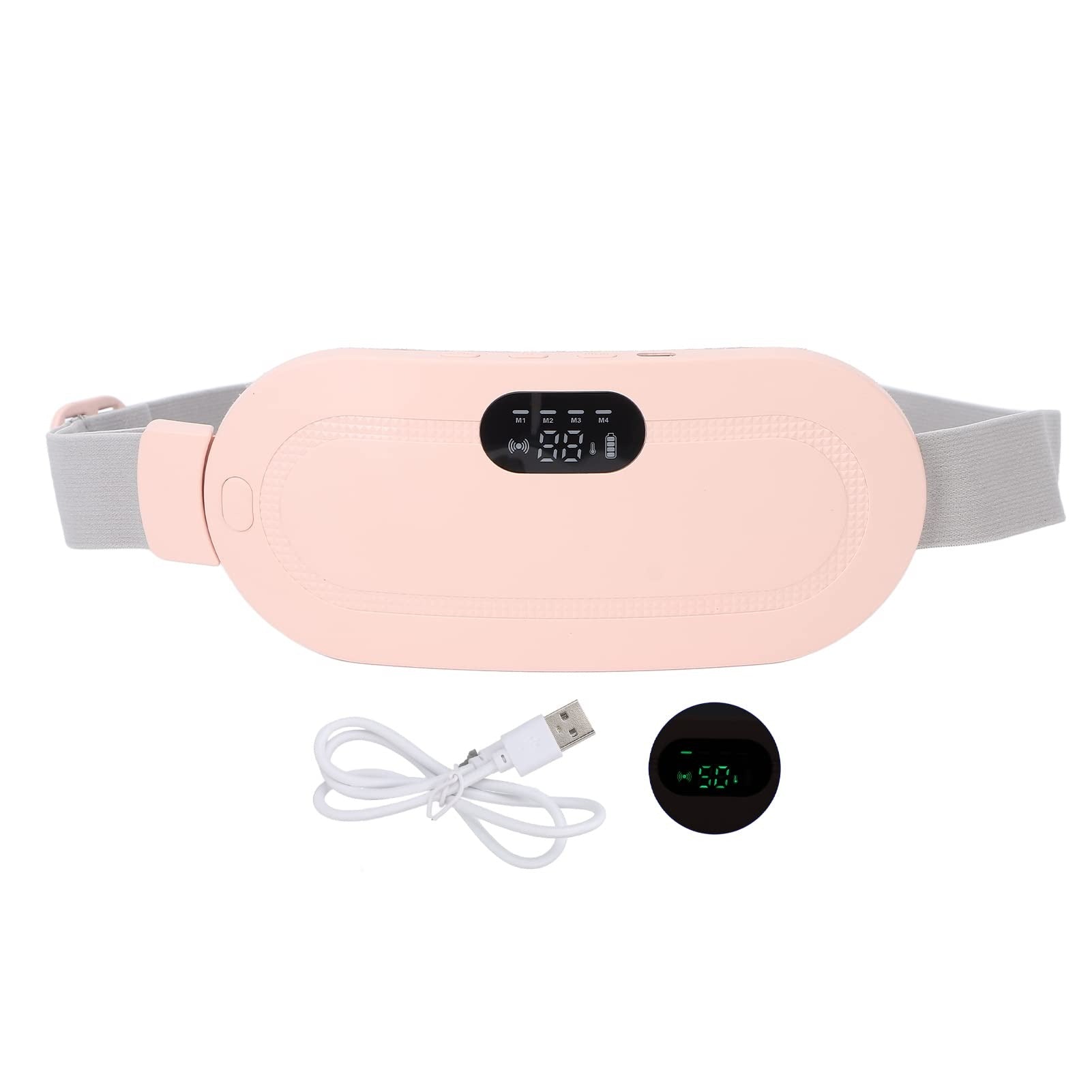 Pink vibrating waist relaxation belt with grey adjustable strap, LED digital display, and USB charging cable for heat and vibration therapy to relieve back and core pain