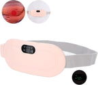 Pink vibrating waist relaxation belt with digital display and grey adjustable strap, shown in use for abdominal pain relief, heat therapy, and vibration massage