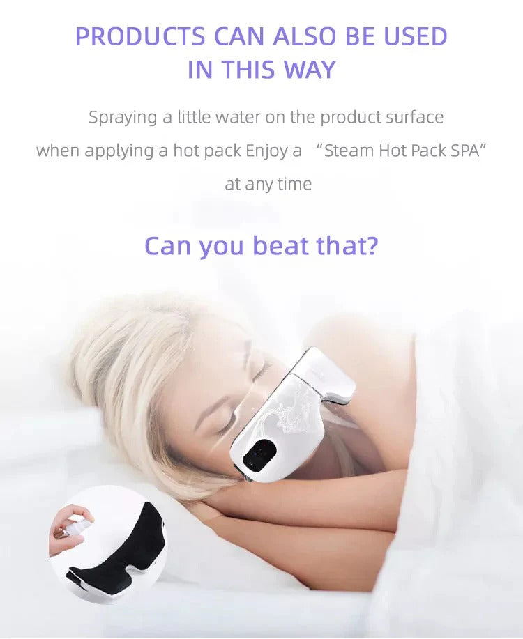 Woman relaxing in bed while wearing a heated steam eye massager with water spray function, providing hot compress therapy and spa-like eye care for fatigue and dryness relief